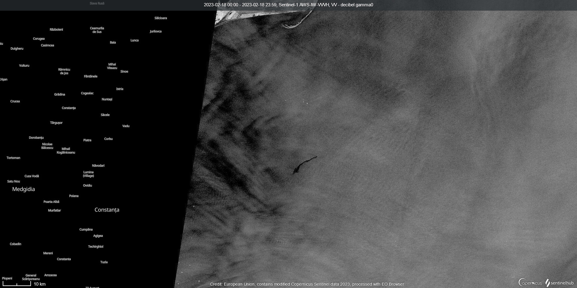 Citizen Science Workshop: Toolbox for Civil Investigation – Focus on Environmental Crimes: Oil slick in the Black Sea off Constanta, Romania, on February 18, imaged by radar satellite Sentinel-1