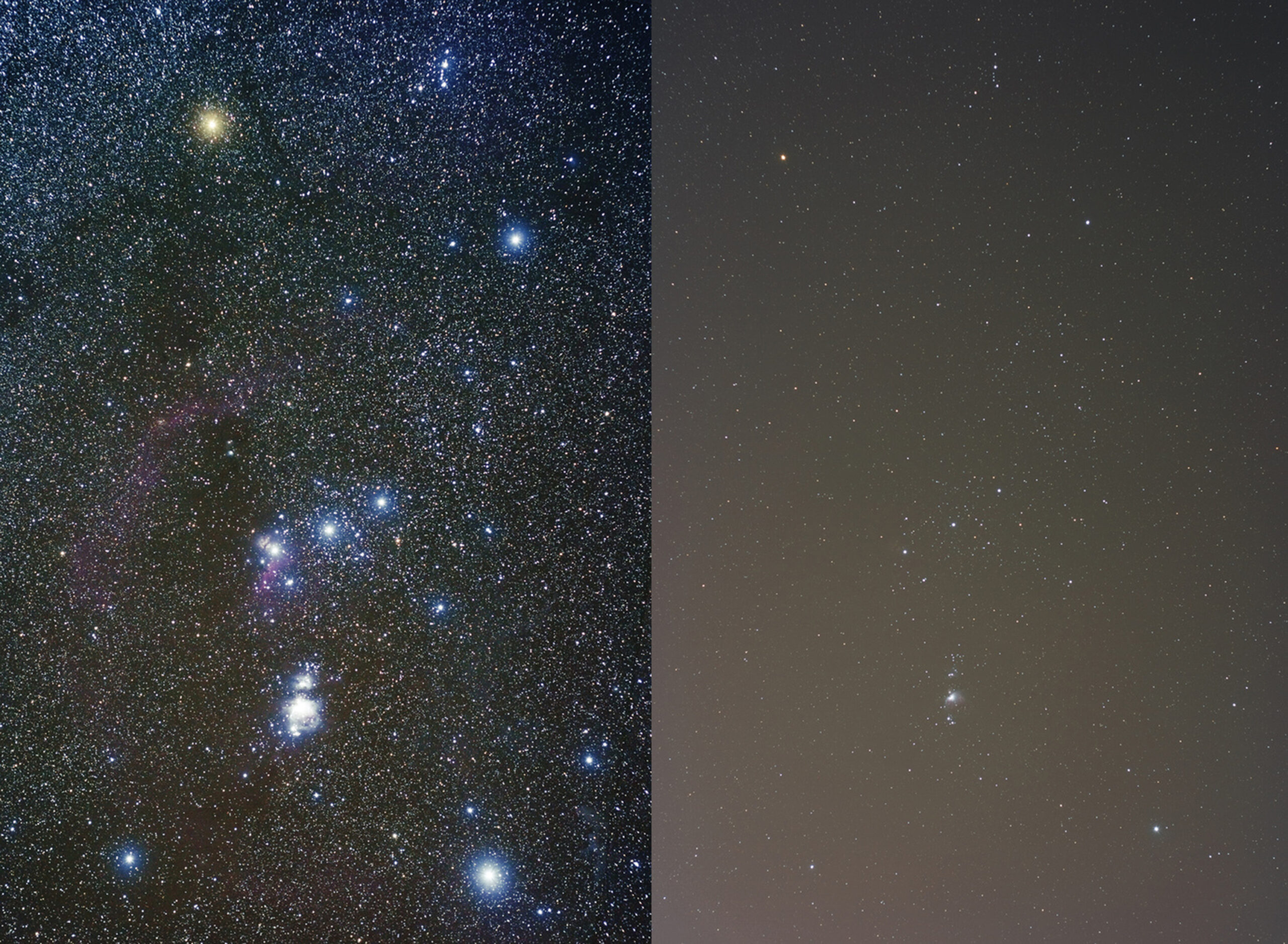 The constellation Orion, imaged at left from dark skies, and at right from the teeming metropolis of Orem, UT comprising about half a million people.