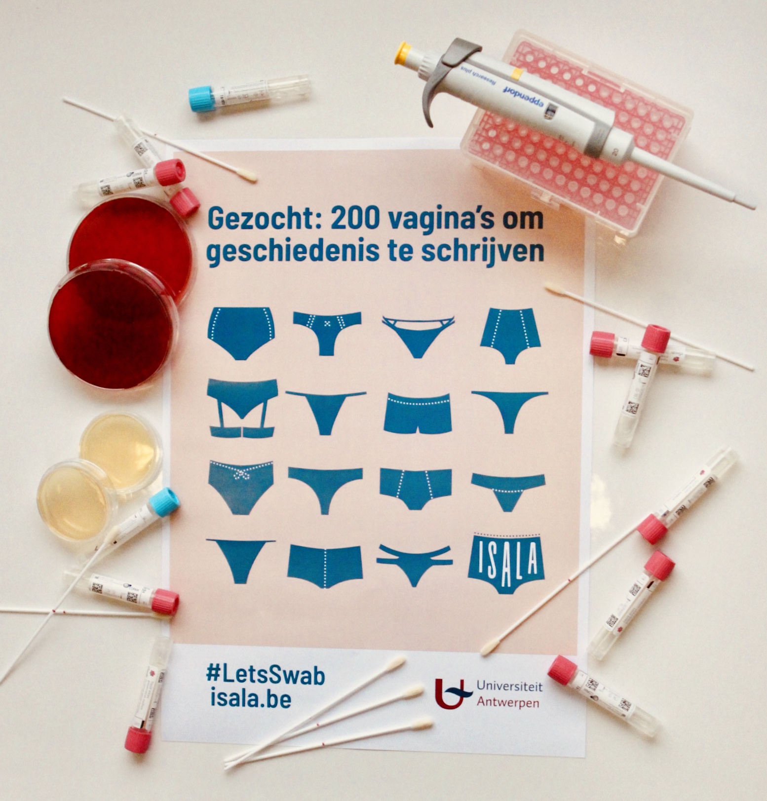 Isala self-sampling kit from the longitudinal flow (sampling vagina, skin and saliva over 2 menstrual cycles), from the citizen science initiative Isala: Citizen-science map of the vaginal microbiome, 2023 Grand Prize Winner of the European Union Prize for Citizen Science.