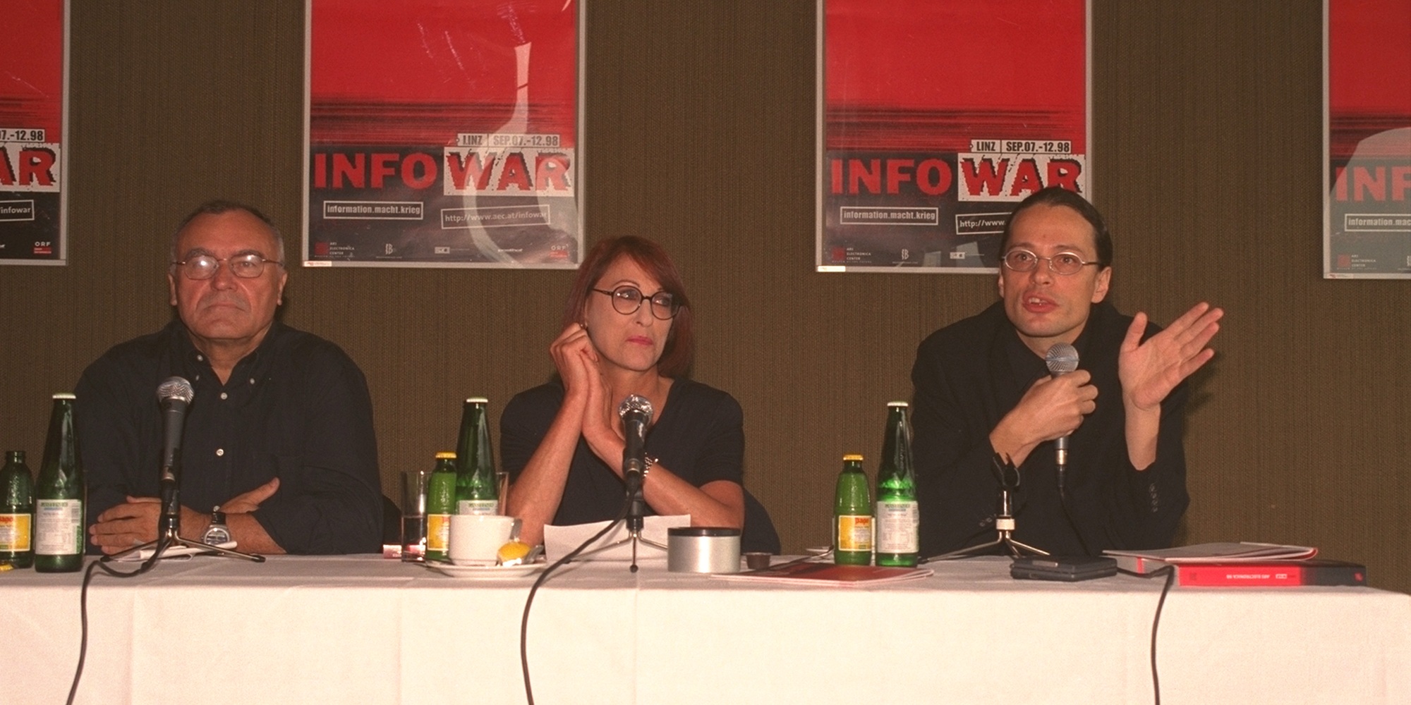 Hannes Leopoldseder, Christine Schöpf, Gerfried Stocker Press Conference Infowar 1998