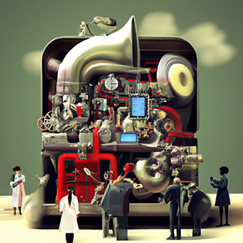 Machine surrounded by people