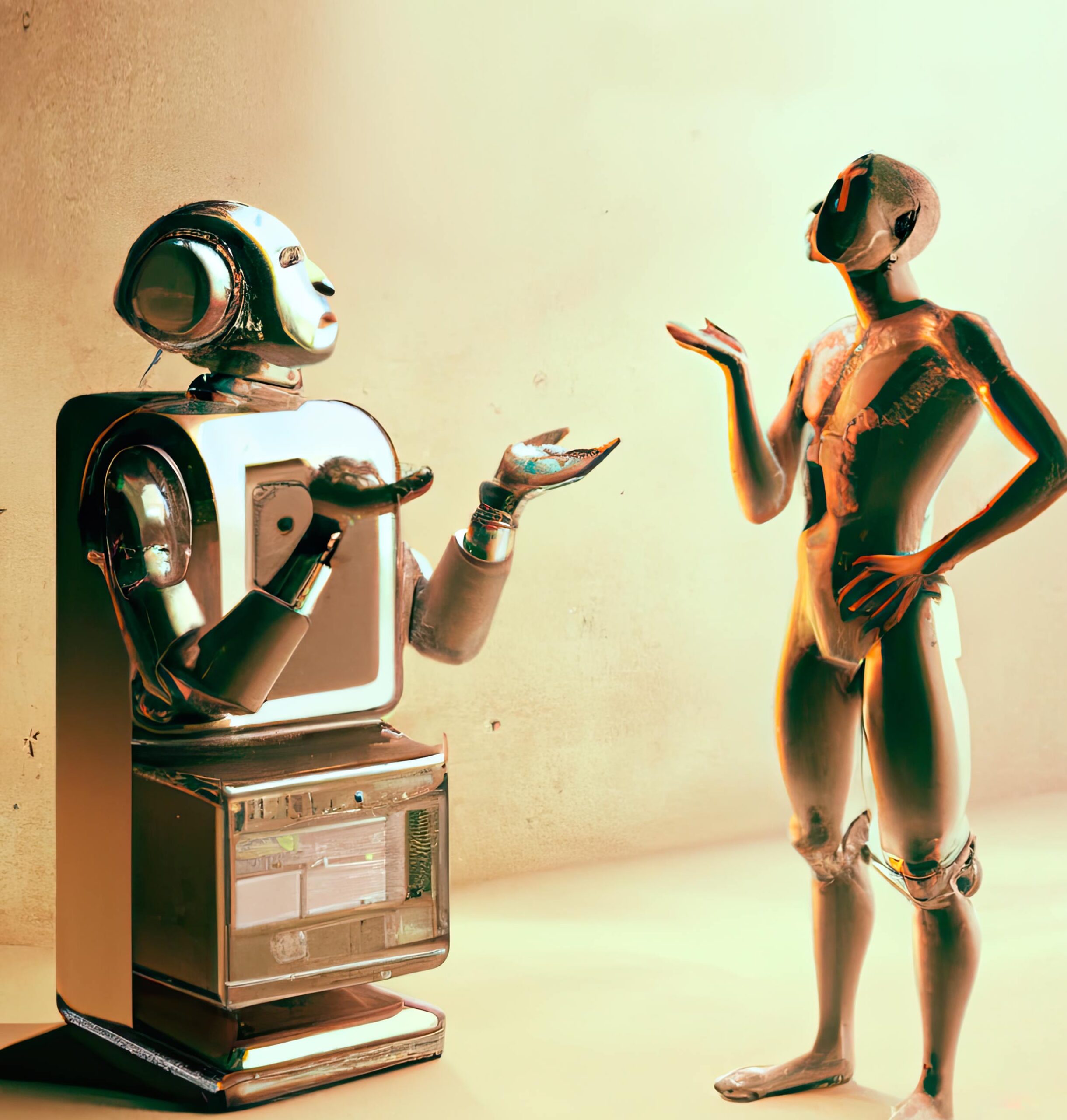 A robot and a humanoid being talk to each other